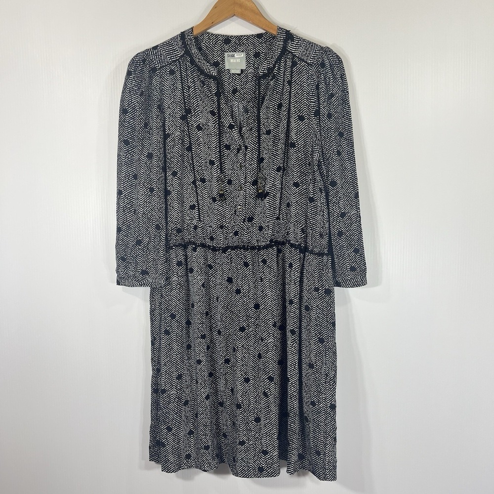 Anthropologie Maeve Galen Dress Sz M Black White Chevron Polka Dot Pockets Work